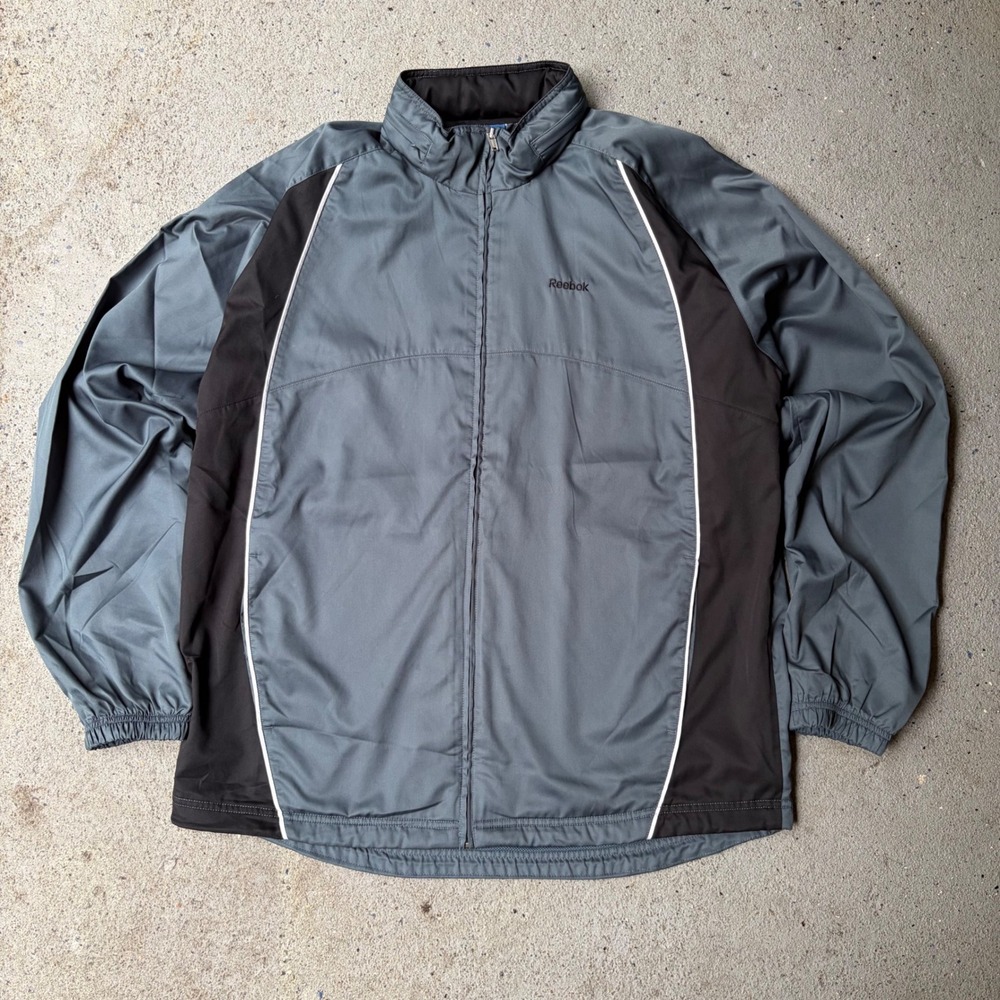 Reebok Mens Grey Black Colorblock Full Zip Mesh Lined Track Jacket Windbreaker